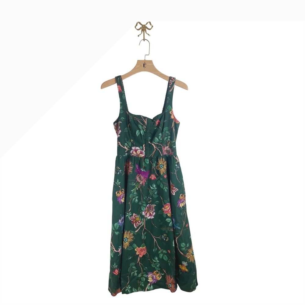 Avec Les Filles Green Floral Midi Dress Pockets Smocked Back Size 12